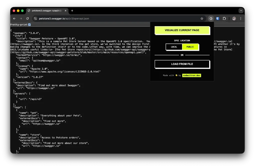 Screenshot of the Scalar OpenAPI Viewer Chrome Extension rendering petstore3.swagger.io